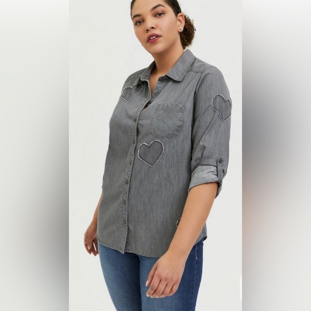 Torrid Heart Dark Gray LS Denim Blouse
